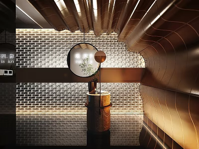 Modern Warm Tone Hotel Lobby Interior Design With Circular Mirror Brick Wall And Lighting 3d model