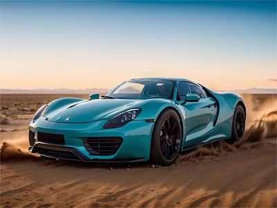 Blue Porsche Sports Car Driving Through Desert With Dust And Sunset Mountains 3d model