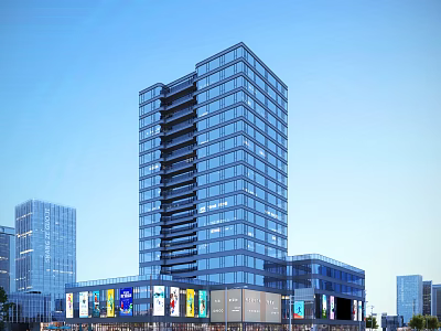 High Rise Urban Commercial Complex With Glass Curtain Wall And Retail Shop Fronts 3d model