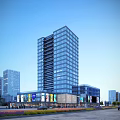 High Rise Urban Commercial Complex With Glass Curtain Wall And Retail Shop Fronts