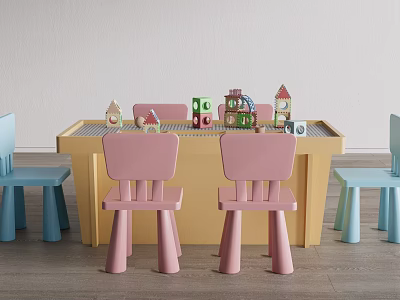 Yellow Children's Table With Pink Blue Chairs And Building Block Toys For Kids Play 3d model
