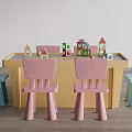 Yellow Children's Table With Pink Blue Chairs And Building Block Toys For Kids Play