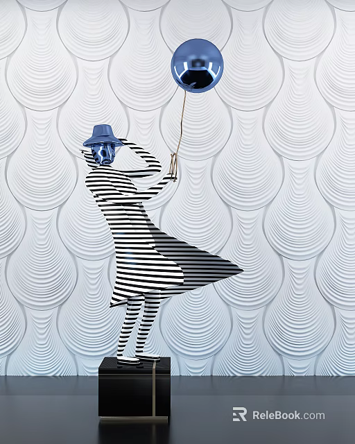 Abstract Female Sculpture In Striped Dress With Blue Hat And Balloon Against Wavy Textured Background 3d model 