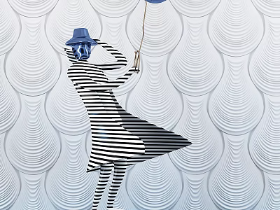 Abstract Female Sculpture In Striped Dress With Blue Hat And Balloon Against Wavy Textured Background 3d model