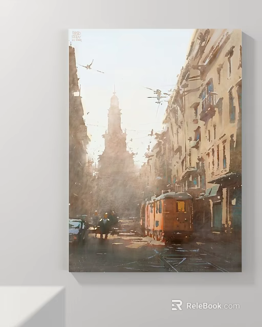 Sunlit Urban Street Landscape Painting With Vintage Tram And Old Buildings 3d model 