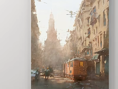 Sunlit Urban Street Landscape Painting With Vintage Tram And Old Buildings 3d model