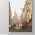 Sunlit Urban Street Landscape Painting With Vintage Tram And Old Buildings