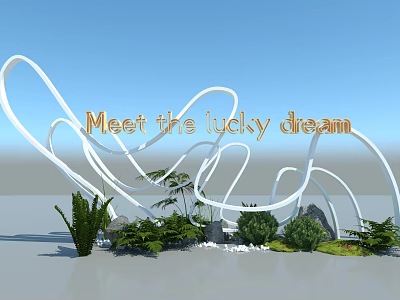 Floral Art Installation Featuring White Curved Structures Green Plants Stones and Golden Text 3d model