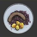 Delicious Grilled Sausage Served With Roasted Potatoes And Red Cabbage On Plate