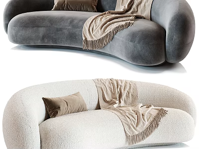Gray And Cream Curved Sectional Sofas With Velvet Bouclé Fabric Throw Pillows And Fringed Blanket 3d model