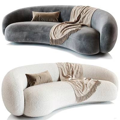 Gray And Cream Curved Sectional Sofas With Velvet Bouclé Fabric Throw Pillows And Fringed Blanket 3d model