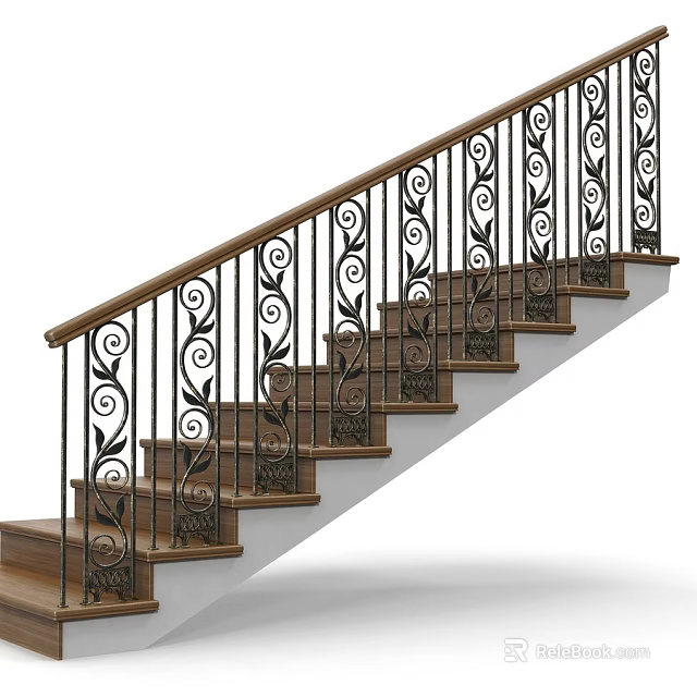 Elegant Staircase With Wooden Steps And Black Wrought Iron Railings With Scroll Designs 3d model 