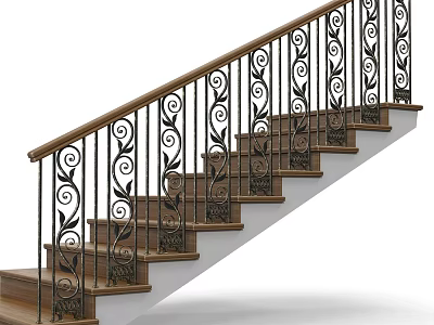 Elegant Staircase With Wooden Steps And Black Wrought Iron Railings With Scroll Designs 3d model