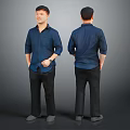 Man wearing blue shirt and black pants front and back view standing against gray background 3d model