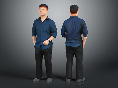 Man wearing blue shirt and black pants front and back view standing against gray background 3d model