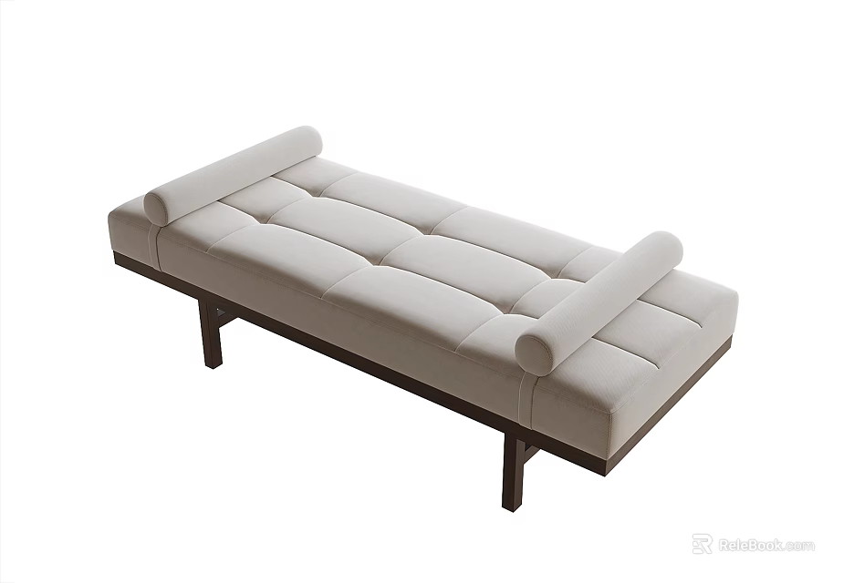 Modern Beige Tufted Bench With Padded Seat And Wooden Legs 3d model 