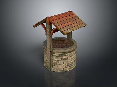 Traditional Well Structure With Stone Brick Base And Wooden Sloped Roof 3d model