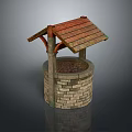 Traditional Well Structure With Stone Brick Base And Wooden Sloped Roof