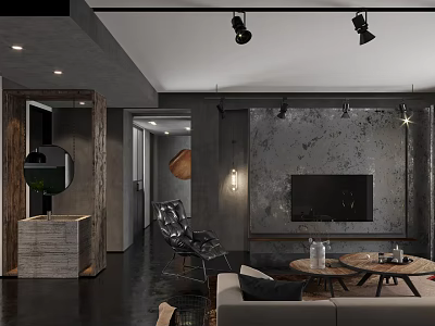 Industrial Modern Living Room Interior With Concrete Wall TV Sofa Coffee Tables And Spotlights 3d model