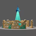Fantasy Scene With Blue Lighted Tower Brown Decorative Walls Green Plants And Shells