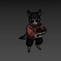 3D Game and Movie Cat Character Wearing Orange Sweater Holding Cup Against Purple Background