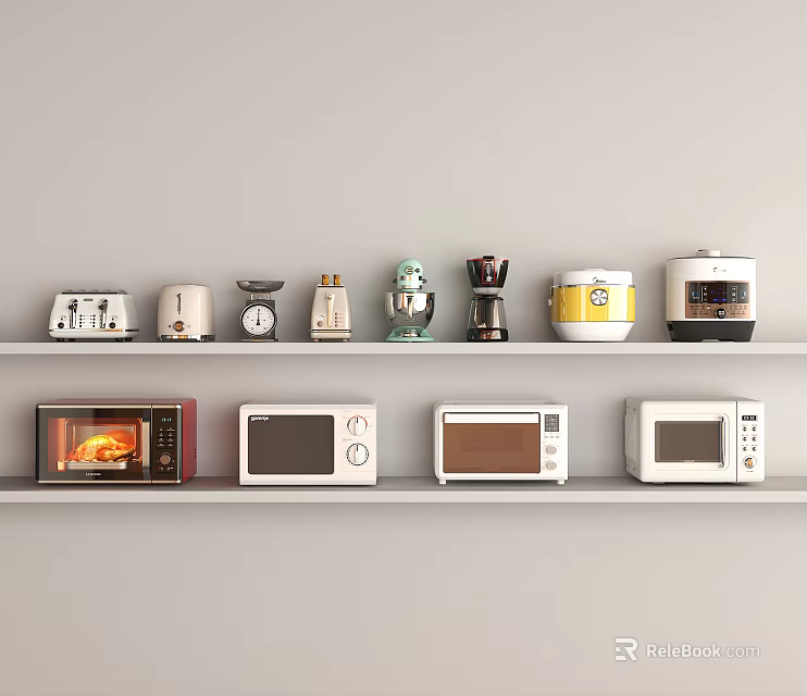 White Shelf Displaying Various Kitchen Appliances Including Toasters Coffee Makers Blenders Timers And Microwaves 3d model 