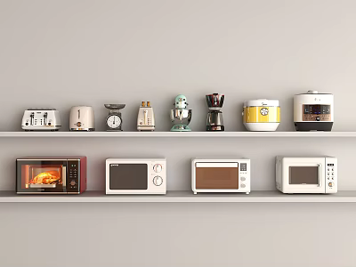 White Shelf Displaying Various Kitchen Appliances Including Toasters Coffee Makers Blenders Timers And Microwaves 3d model