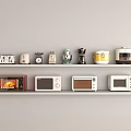White Shelf Displaying Various Kitchen Appliances Including Toasters Coffee Makers Blenders Timers And Microwaves
