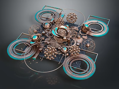 Artistic Metallic Decorative Ornament Combination With Geometric Circles Gears And Turquoise Accents 3d model