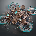 Artistic Metallic Decorative Ornament Combination With Geometric Circles Gears And Turquoise Accents
