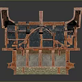 Cartoon Style Medieval House 3D Model With Red Brown Structure Black Roof And Arched Windows