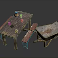 Vintage Wooden Table with Clay Pot Glasses Red Blue Bench and Rusty Wheelbarrow