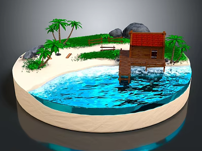 Cartoon Island Scene With Sand Beach Blue Water Brown Cabin Red Roof And Palm Trees 3d model