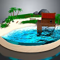 Cartoon Island Scene With Sand Beach Blue Water Brown Cabin Red Roof And Palm Trees