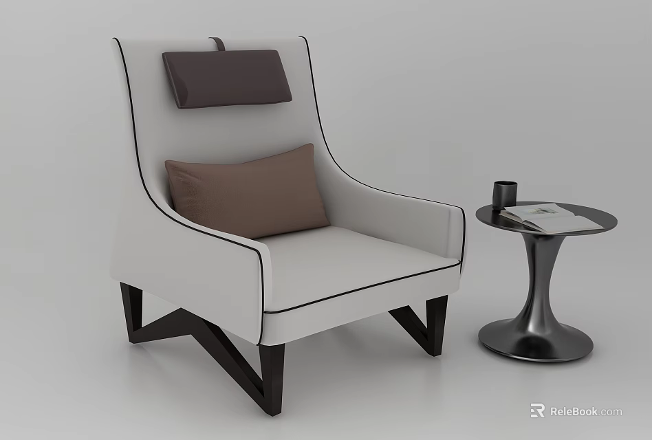 Modern Single Sofa With White Upholstery Brown Accent Cushion And Side Table 3d model