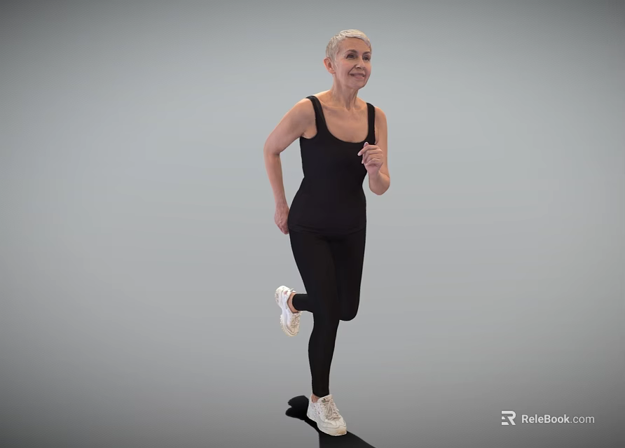 Elderly Woman Running In Black Athletic Wear With White Sneakers On Gray Background 3d model 