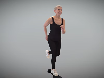 Elderly Woman Running In Black Athletic Wear With White Sneakers On Gray Background 3d model