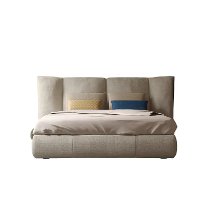 Modern Upholstered Double Bed With Neutral Tones And Decorative Colored Pillows 3d model