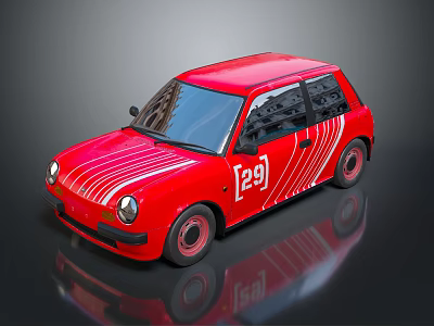 Red Small Car with White Stripes 129 Logo on Door and Pink Wheels 3d model