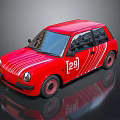 Red Small Car with White Stripes 129 Logo on Door and Pink Wheels