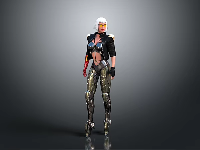 Female Character With White Short Hair Black Jacket Mechanical Arm Metallic Pants And Boots 3d model