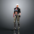 Female Character With White Short Hair Black Jacket Mechanical Arm Metallic Pants And Boots