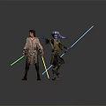 Fantasy Characters Alien with Blue Skin in Brown Robes Holding Green Blue Yellow Glowing Lightsabers
