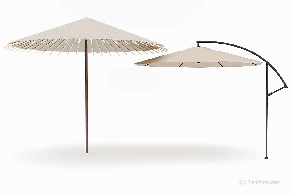 Beige Patio Umbrella With Stand And Curved Pole For Outdoor Use 3d model 