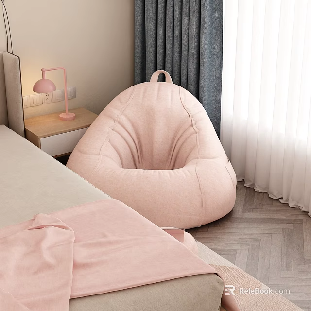 Peach Pink Bean Bag Chair for Cozy Bedroom with Bed and Wooden Floor 3d model 