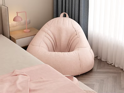 Peach Pink Bean Bag Chair for Cozy Bedroom with Bed and Wooden Floor 3d model