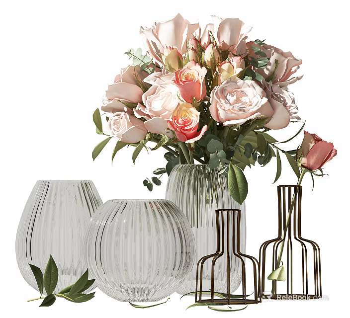 Decorative Vase Arrangement With Pink Roses Green Leaves And Glass Metal Design 3d model 