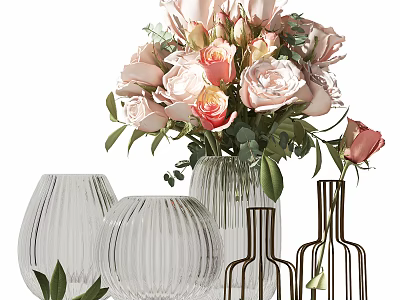 Decorative Vase Arrangement With Pink Roses Green Leaves And Glass Metal Design 3d model
