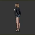 A Woman Wearing White Crop Top Denim Shorts Black Leather Jacket Standing On Gray Background