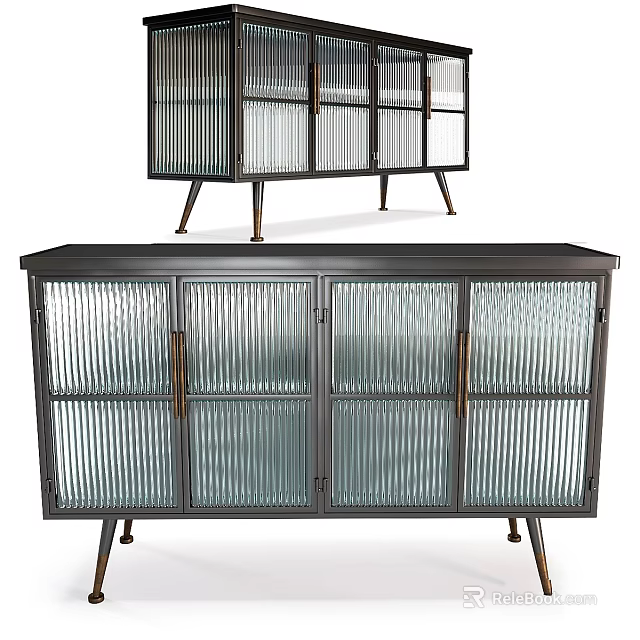 Modern Industrial Sideboard With Ribbed Glass Doors And Metal Tapered Legs 3d model 